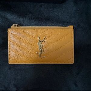 Saint Laurent Mustard Yellow Zip Card Holder with Gold Hardware